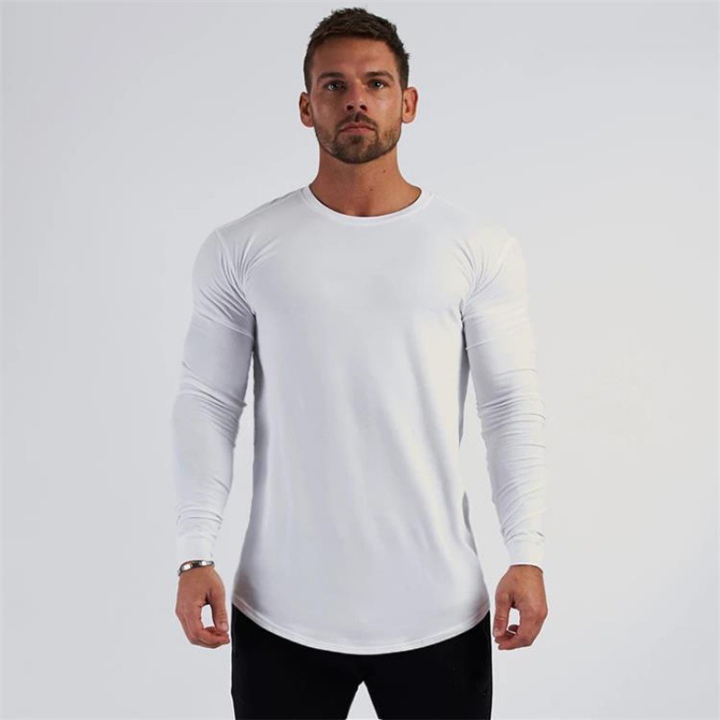Camiseta deportiva ajustada de algod贸n para hombres musculosos, manga larga cuello redondo, transpirable y delgada, fitness y running