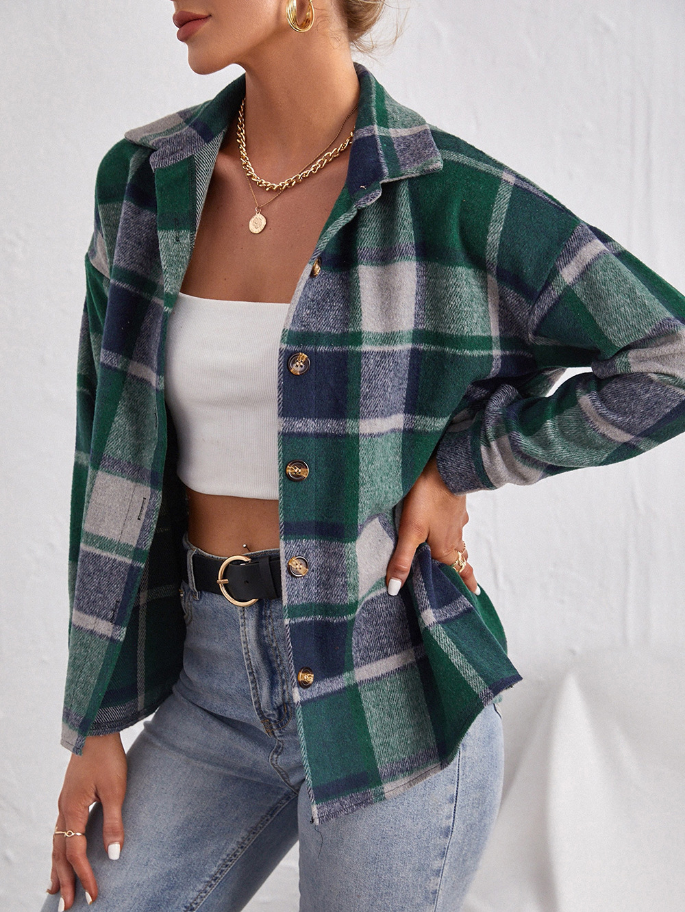 Abrigo de Lana a Cuadros para Mujer de Lana y Poliéster con Solapa y Botones para Otoño e Invierno image 10