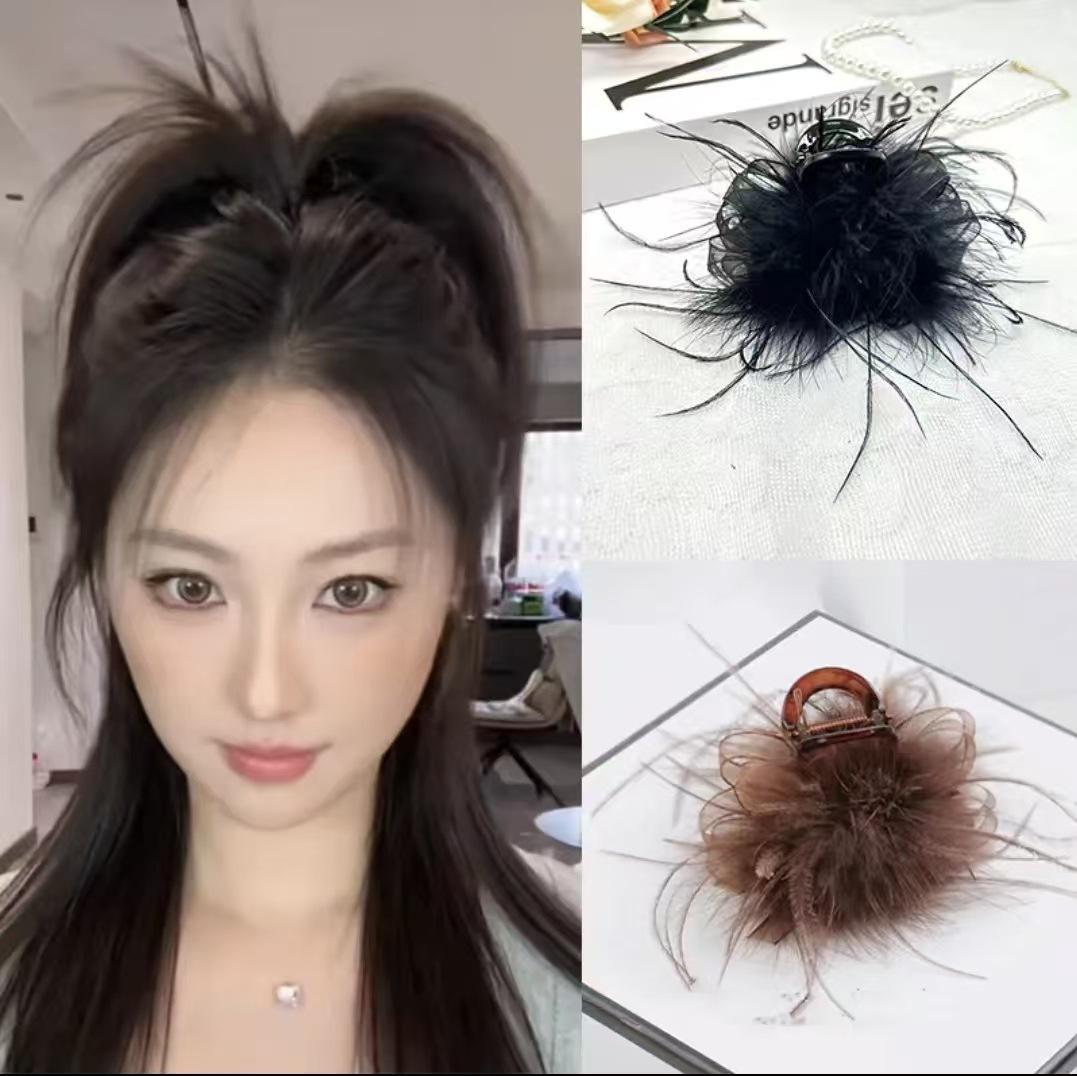 bow mesh feather shiny boutique grip all-match internet red hair decoration plate hair clip headdress hot black head