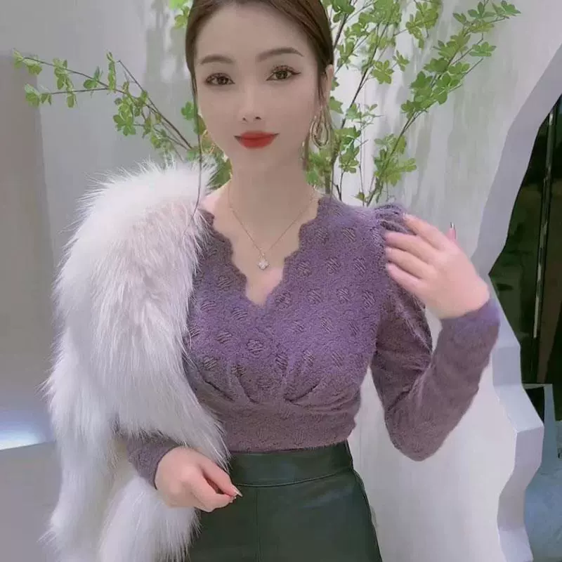 [2025 春季新款洋气小衫紫色内搭蕾丝衫女V领高级感打底衫内穿上衣]