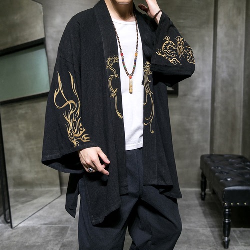 Chinese men Japanese cotton and linen embroidered cardigan men kimono tops