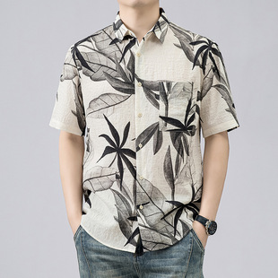 Brand Men's Summer New Young and Middle-aged Fashionable Loose Printed Short-sleeved Thin Shirt Beach Casual Shirt
