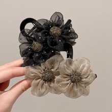 高级感网纱水钻花朵抓夹女鲨鱼夹高马尾发夹后脑勺夹子饰品批发