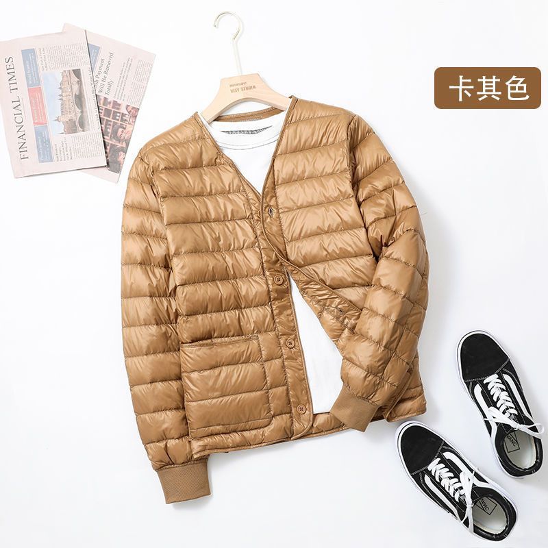 Chaqueta de pluma transfronteriza para hombres corta delgada invierno gruesa calentamiento delgada sin cuello en V chaqueta de forro blanco