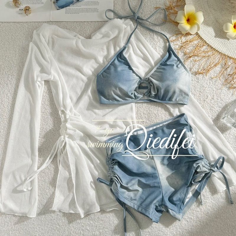 [Denim Girl] American Spice Girl Bikini Three-Piece Set White Flesh Covering Beach Holiday Swimsuit Split Long Sleeve