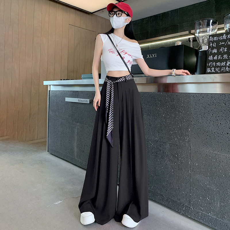 女性のためのハイエンドスーツワイドレッグパンツ 2025 夏薄いシルクスカーフレースアップハイウエストドレープストレートレッグフロアレングスパンツ|undefined