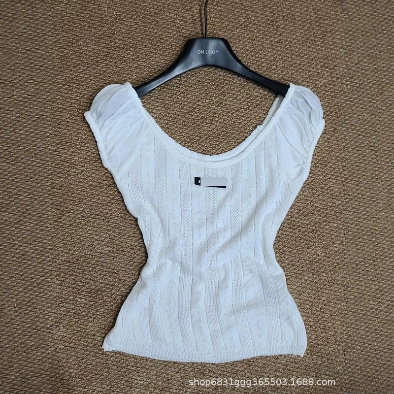White knitted puff sleeve short vest for women, summer slim-fit square neck sleeveless top, trendy style
