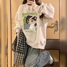 日系卡通印花卫衣女春秋冬宽松oversize慵懒风设计感加绒上衣外套