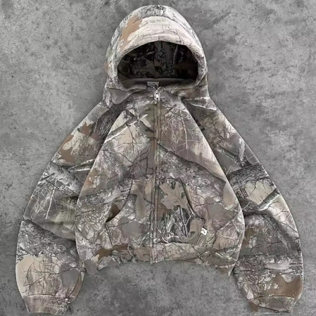 Men's Clothing European And American Retro Leaf Print Hooded Sweatshirt Couple Harajuku Style Hip Hop Zipper Pullover Sweatshirt_viptrois.com