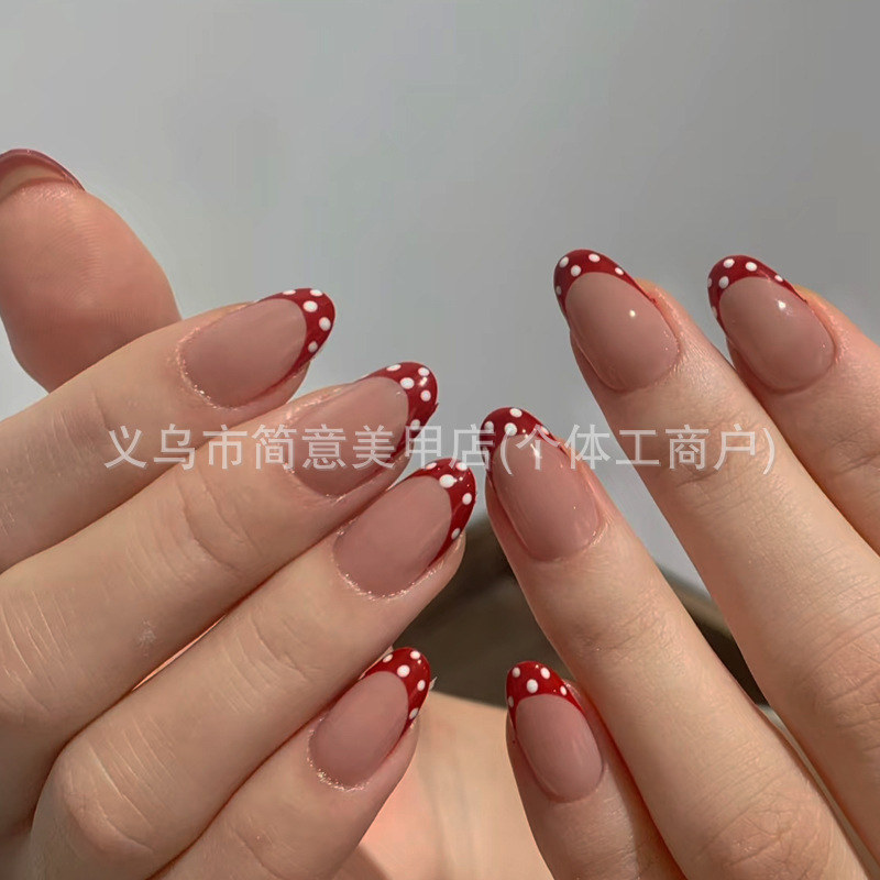 跨境欧美简约波点纯手工穿戴甲酒红色法式短杏仁ins圆点美甲批发