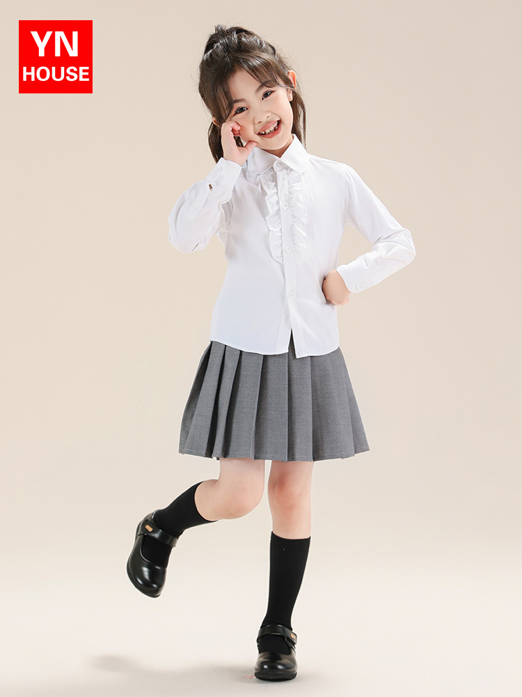 Falda plisada para niñas, traje de 2 piezas, camisa blanca con ramillete para niños, camisa de estilo universitario para niñas, traje de primavera y otoño
