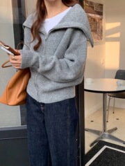 毛衣外套女开衫秋冬新款韩系大翻领拉链纯色慵懒软糯宽松版针织