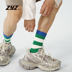 ZYZ襪子男款中筒襪字母條紋拼色運動男襪吸汗精梳棉透氣男士襪子