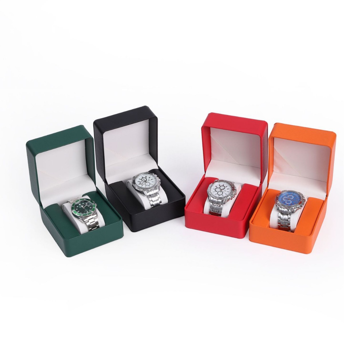 Nueva caja de exhibición de reloj con patrón de lichi con tapa abatible de alta gama, caja de embalaje de reloj de almohada de regalo de vacaciones, caja de almacenamiento al por mayor