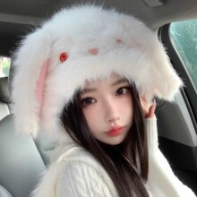 冬季粉色兔兔可爱毛绒长耳朵会动垂耳兔帽子女围脖护耳套头保暖帽