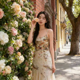 2026新款墨染连衣裙鱼尾吊带长裙超好看独特漂亮别致裙子清冷艺术