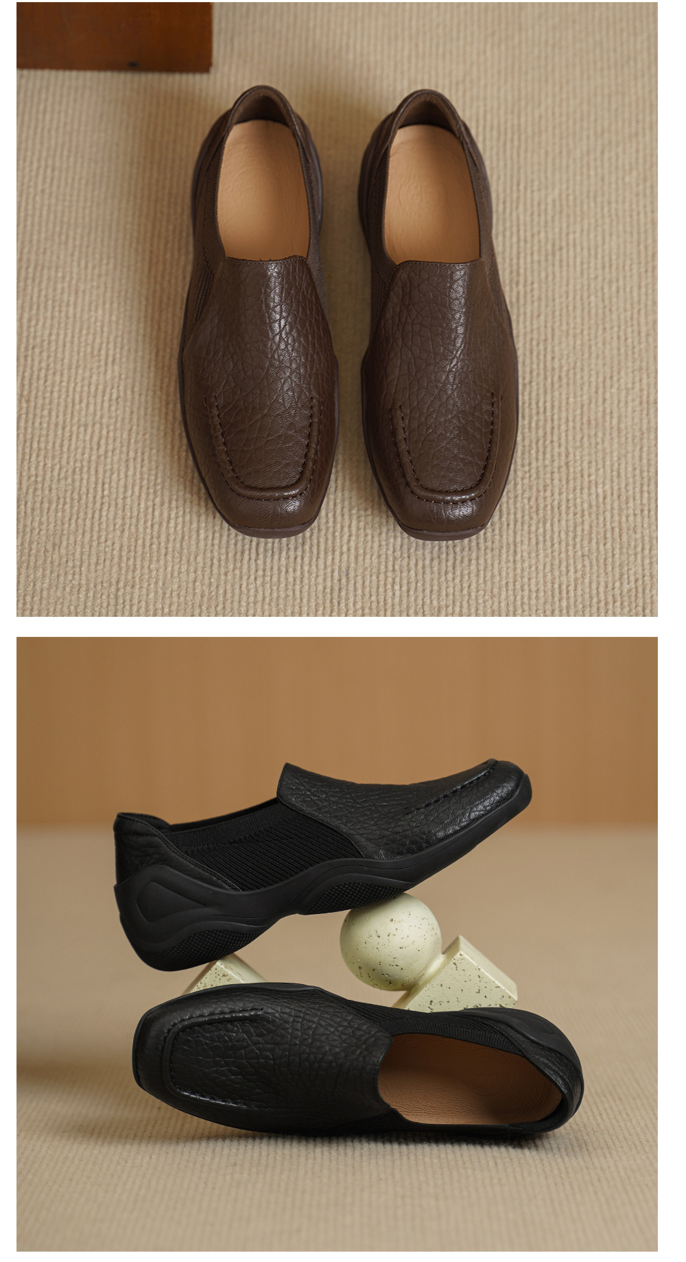 Giày loafer nữ da dê mũi sâu, gót vuông 3 cm, hoa nổi, phong cách bà nội trẻ trung — màu nâu chi tiết 12