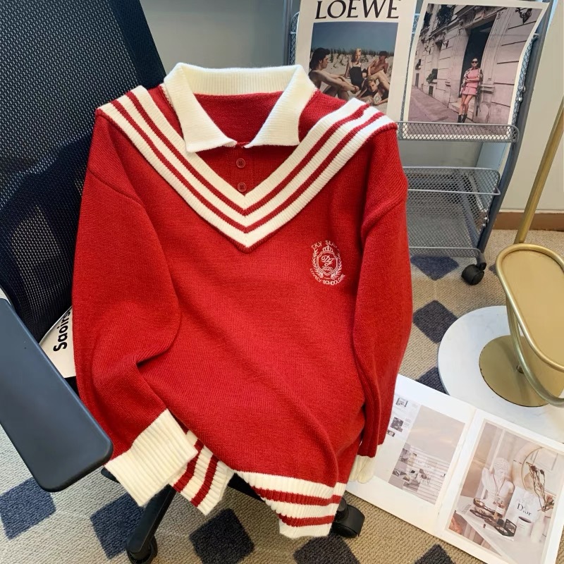 Estilo preppy rayas falso suéter de dos piezas para las mujeres primavera y otoño nuevo cuello de polo suelto dulce JK