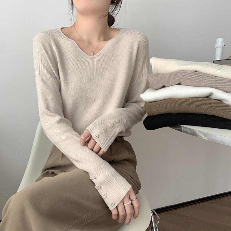 百搭针织打底衫秋季韩版v领宽松内搭套头纯色毛衣女长袖显瘦上衣|undefined