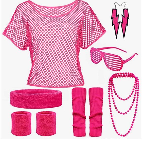European and American neon color party dance fishing net short-sleeved earrings necklace leg cover wristband glasses seven-piece set one generation