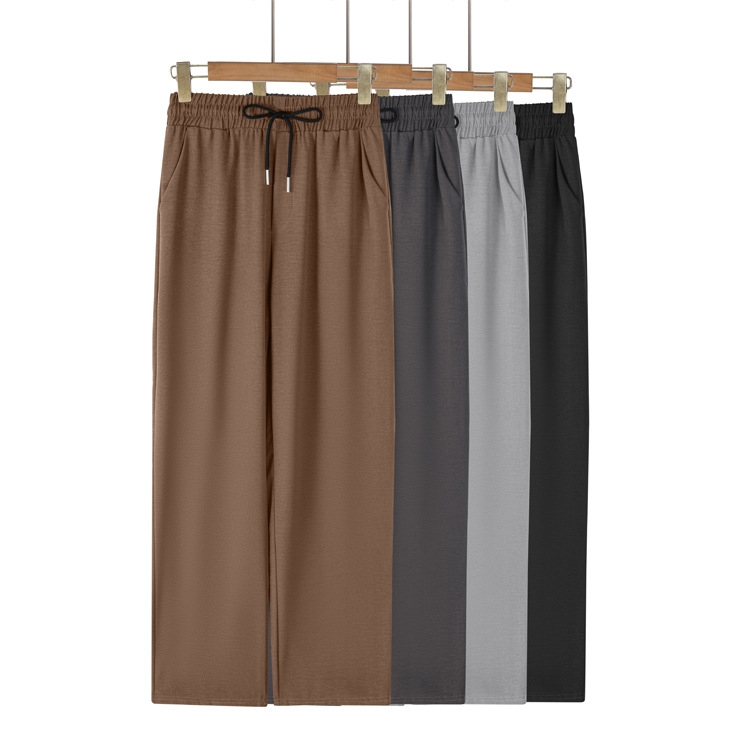 2026 Summer Thin Men's Ice Silk Wrinkle-Resistant Cool Straight-Leg Pants High-Waisted Drawstring Loose Versatile Casual Pants Cropped Pants