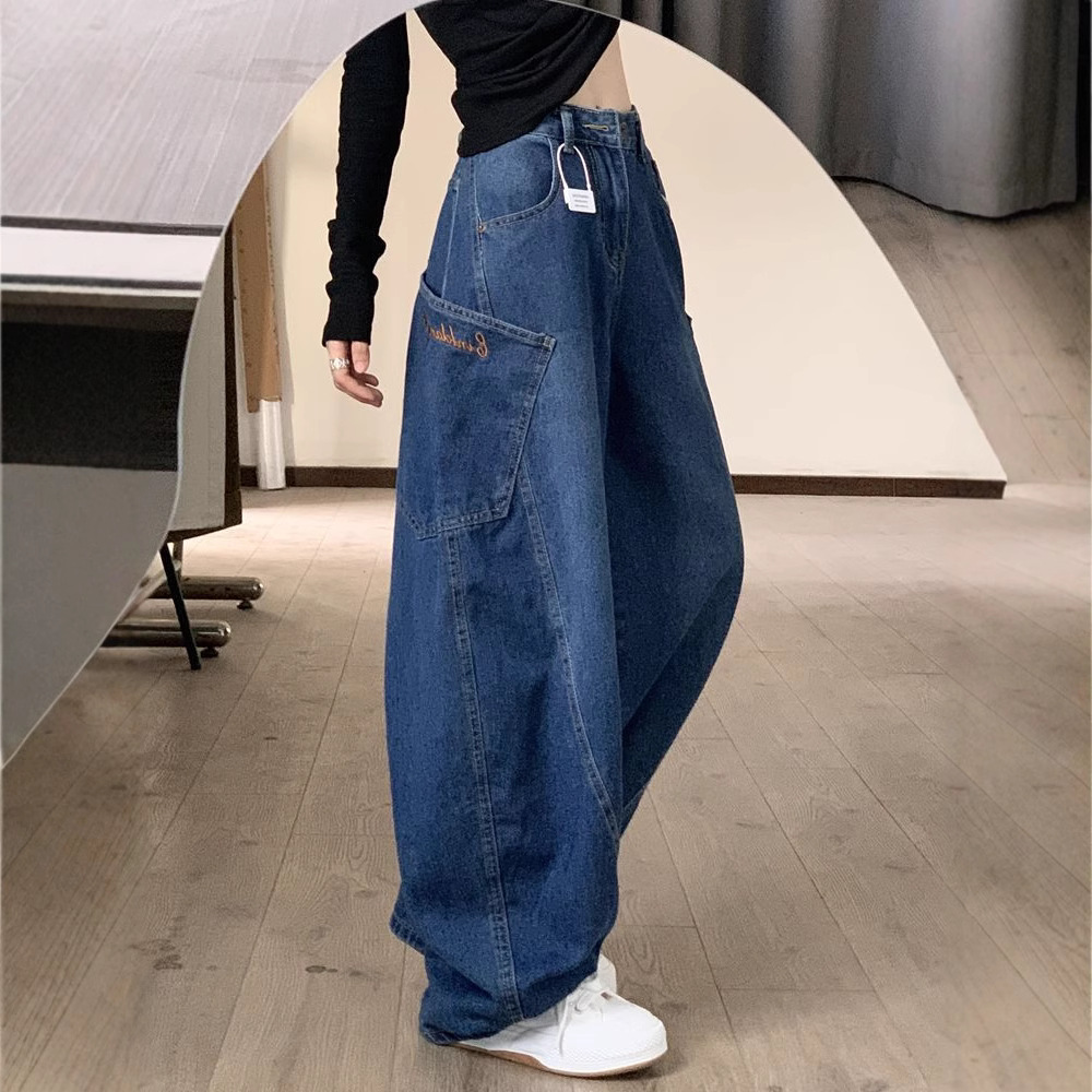 American High Street Scimitar Jeans for Women in Autumn and Winter Retro Design Loose Slimming Look Versatile Wide Leg Floor Mopping Pants