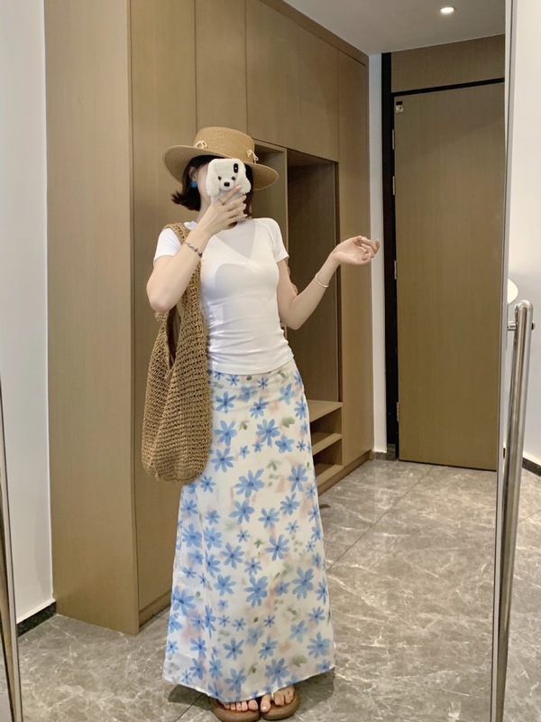 プラスサイズの女性のファットmm花柄スカート女性の夏の新しいホリデースタイル甘い痩身ストレートスカート|undefined