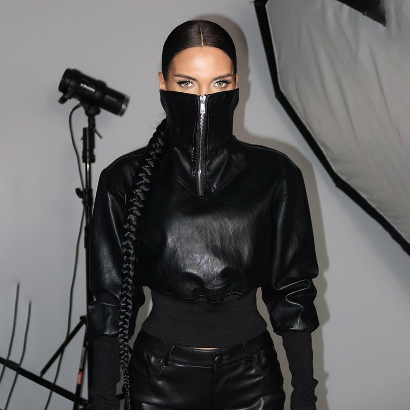 Winter Sexy Slim Short Patchwork Sweatshirt Solid Color Faux Leather Zipper Top