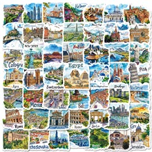 新款50张手绘旅游地图涂鸦贴纸世界各地标志性建筑DIY防水PP贴画