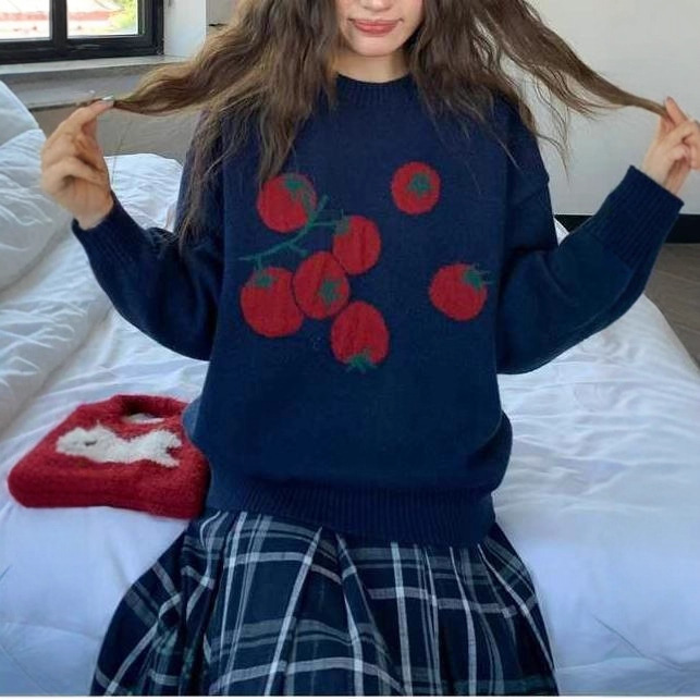 2025 suave tomate nuevo Jacquard de cuello redondo suéter de punto otoño y invierno coreano casual suave blusa de moda image 4