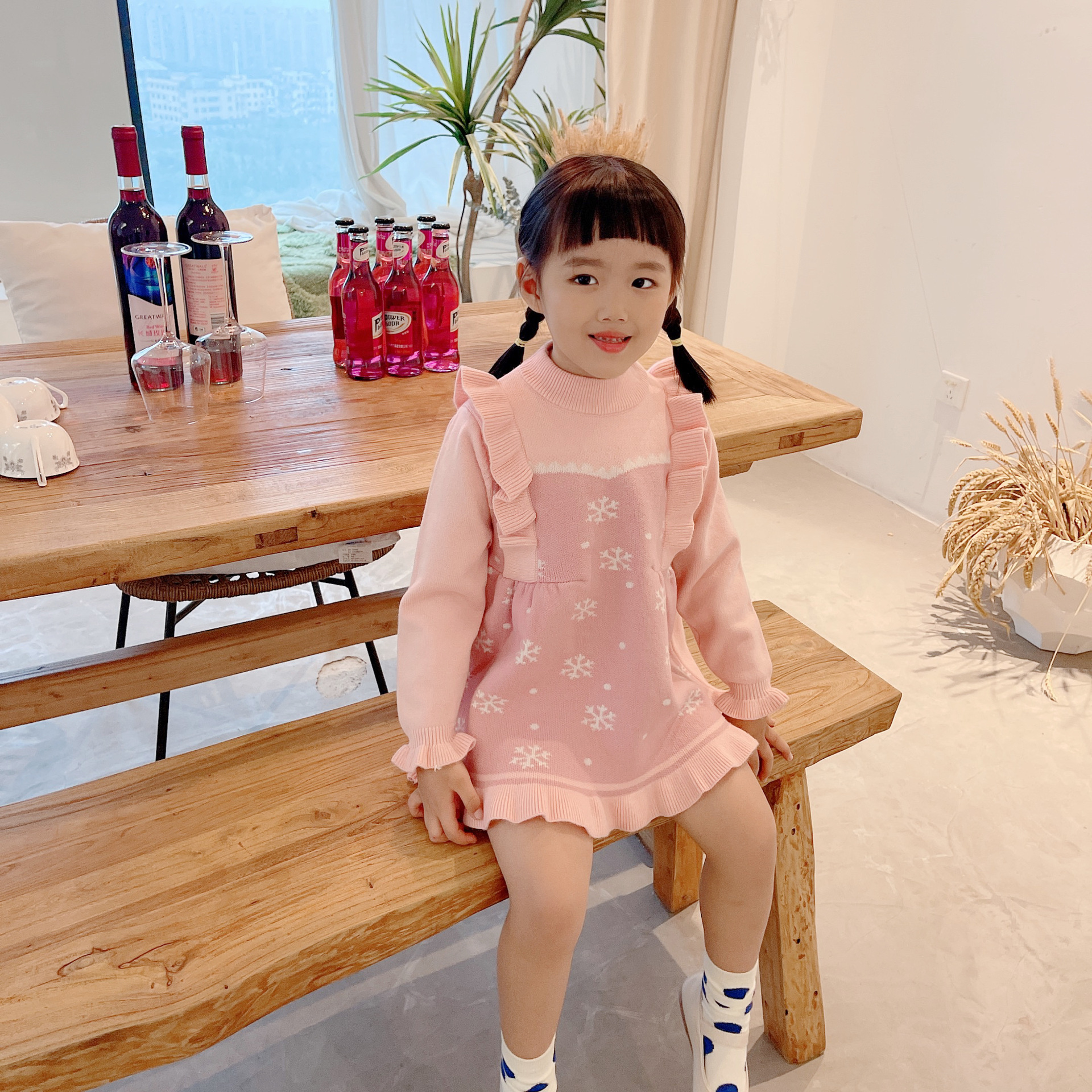 Girls' Woolen 2021 Children's Sweet Korean Edition Western style Ice and Snow Romance Knitted Dress 9002_voghion.com