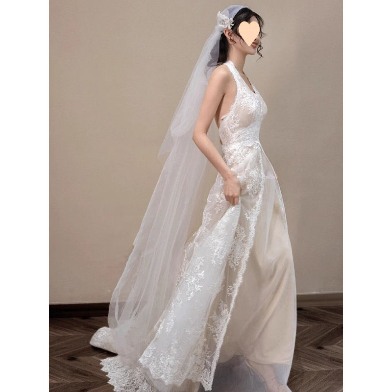 Abito da sposa vintage francese in pizzo leggero, stile foresta, di alta qualità, con colletto e scollo all'americana, per fidanzamento_voghion.com