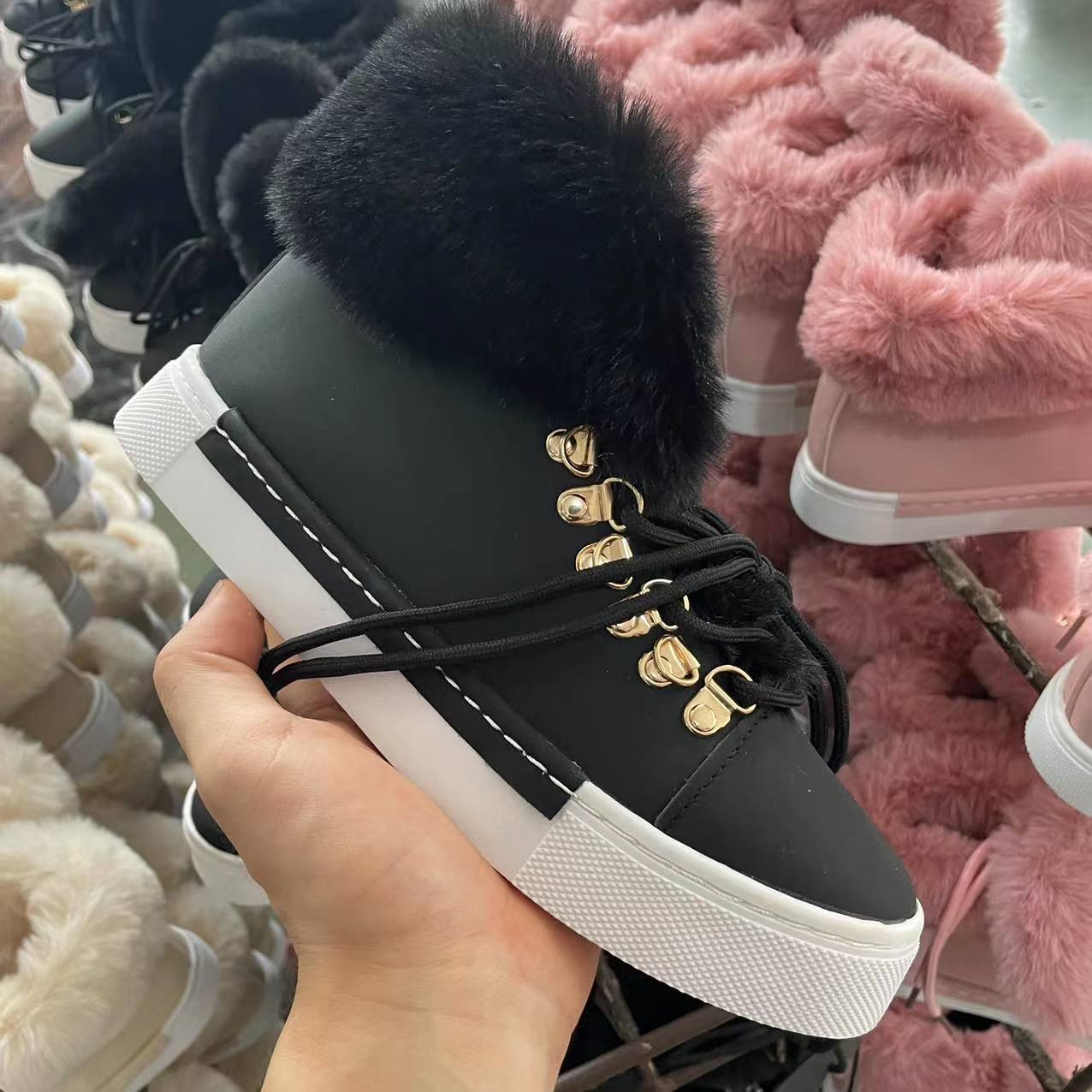 Short long fur mouth leather snow boots women's large size and fleece thick boots_voghion.com
