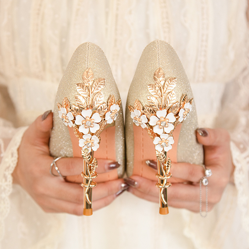 928-9 European and American Style Fashion Light Luxury Pointed High Heeled Women's Shoes Sexy Metal Flower Wedding Shoes Banquet Shoes