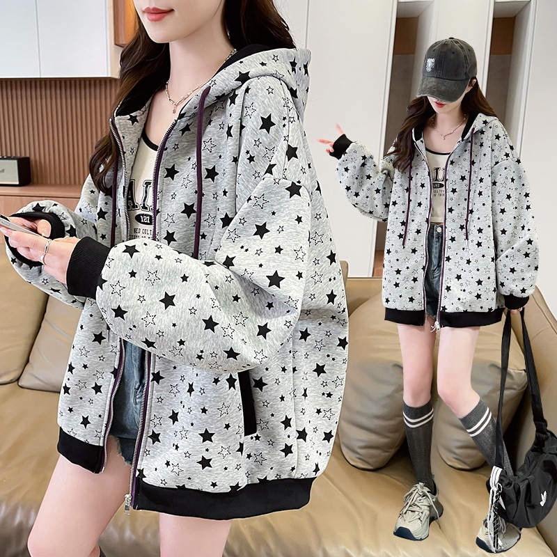 American retro style all-over star print gray hooded sweatshirt for women, spring loose casual zip-up cardigan jacket