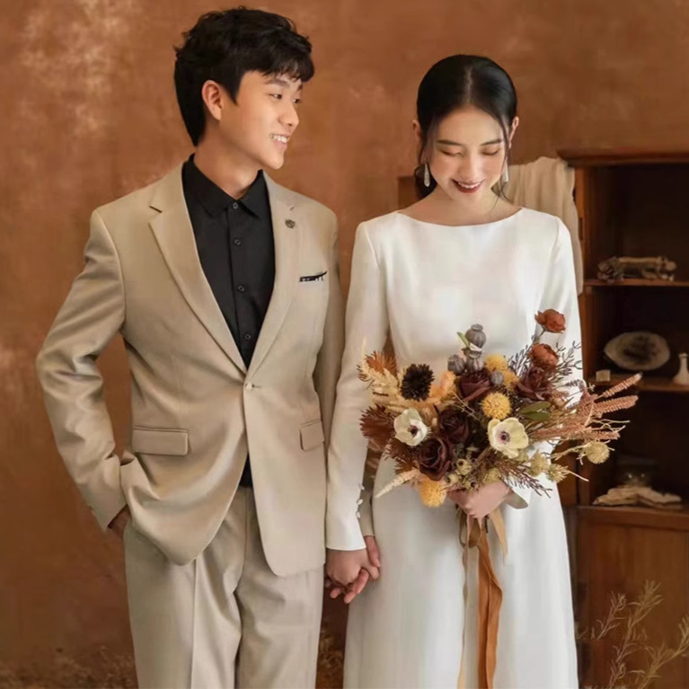 French Style Light Wedding Dress Mori Style Long-sleeved Elegant Slimming Bride's White Satin Welcome Long Evening Dress