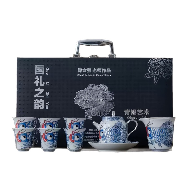 故宮文創鴻運錦鯉銀カンフー茶器セット陶磁器茶わん祭りプレゼント高級お土産|undefined