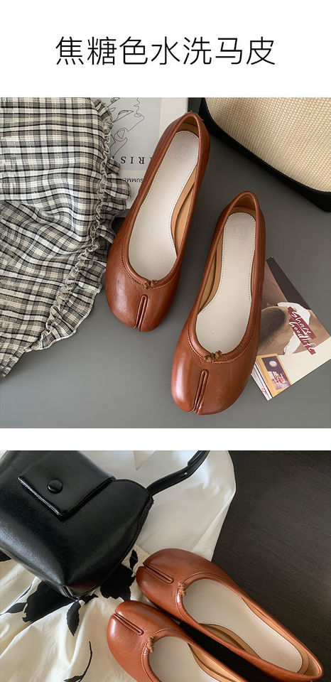 Giày búp bê nữ da bò mũi tách ngón đế bệt kiểu giày lười — Bạc vân nứt, hàng có sẵn, Hàng có sẵn màu trắng, Hàng có sẵn màu đỏ, Màu nâu, hàng có sẵn chi tiết 2