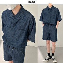 DAZO 夏季薄款牛仔套装男帅气水洗两件套短袖衬衫五分裤休闲百搭