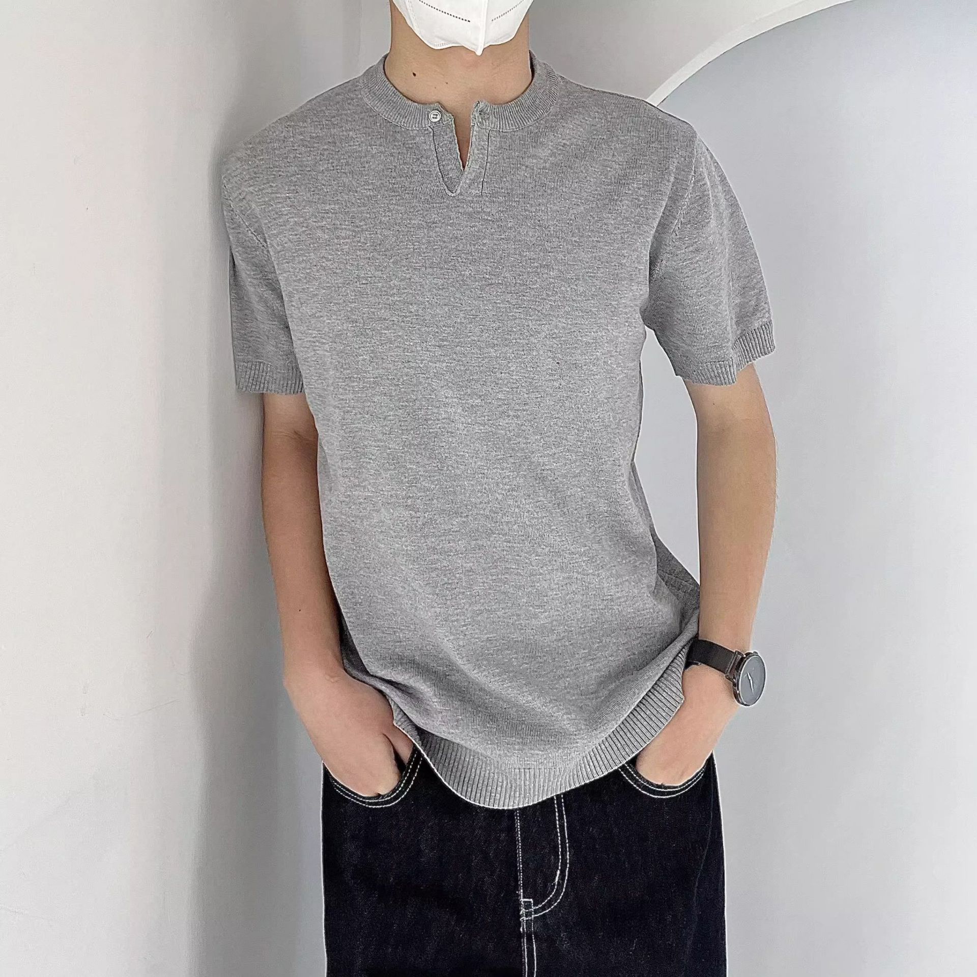 Botón de cuello en V camiseta de manga corta hombre color sólido inglés de negocios de verano de seda de hielo transpirable comercio exterior al por mayor transfronterizo