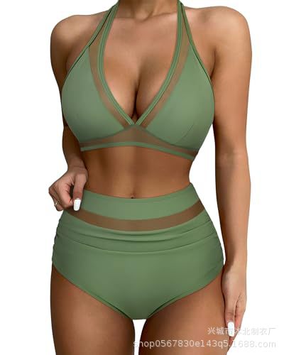 Set de Bikini de Talle Alto con Malla Set de 2 Piezas de Nylon Alta Elasticidad con Almohadilla sin Aros para Natación