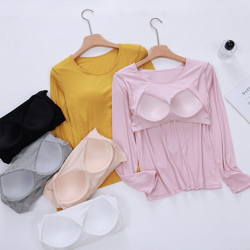 Rib Women's Top with Chest Pad Round Neck Wear-Free Bra Underwear Underwear Simple Slim-Fit Inner Comfortable Autumn Clothes Rib Women's Top with Chest Pad Round Neck Wear-Free Bra Underwear Underwear Simple Slim-Fit Inner Comfortable Autumn Clothes