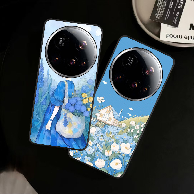 Suitable for Xiaomi 17 Pro Max Phone Case, 14 Pro Leather Texture, 13 Fresh Style, 15 Ultra Blue, Girl Dopamine Flower