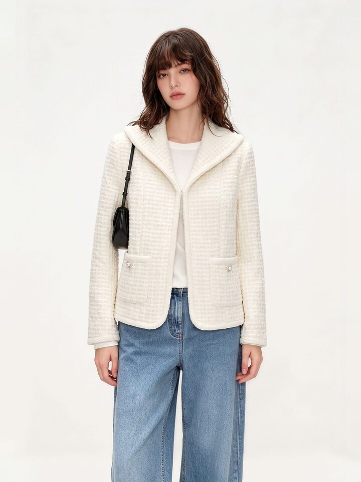 Áo khoác ngắn nữ dáng vest chất liệu len cừu phối vải tweed thanh lịch — Vanilla trắng