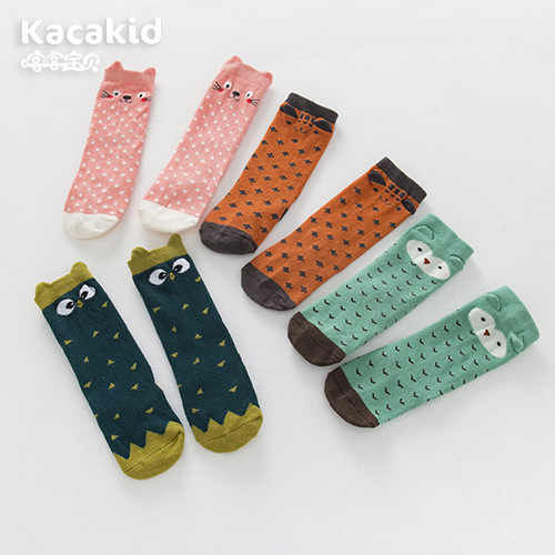 Wholesale early autumn colorful socks for boys and girls, cartoon 3D ear socks for children, cotton knee socks