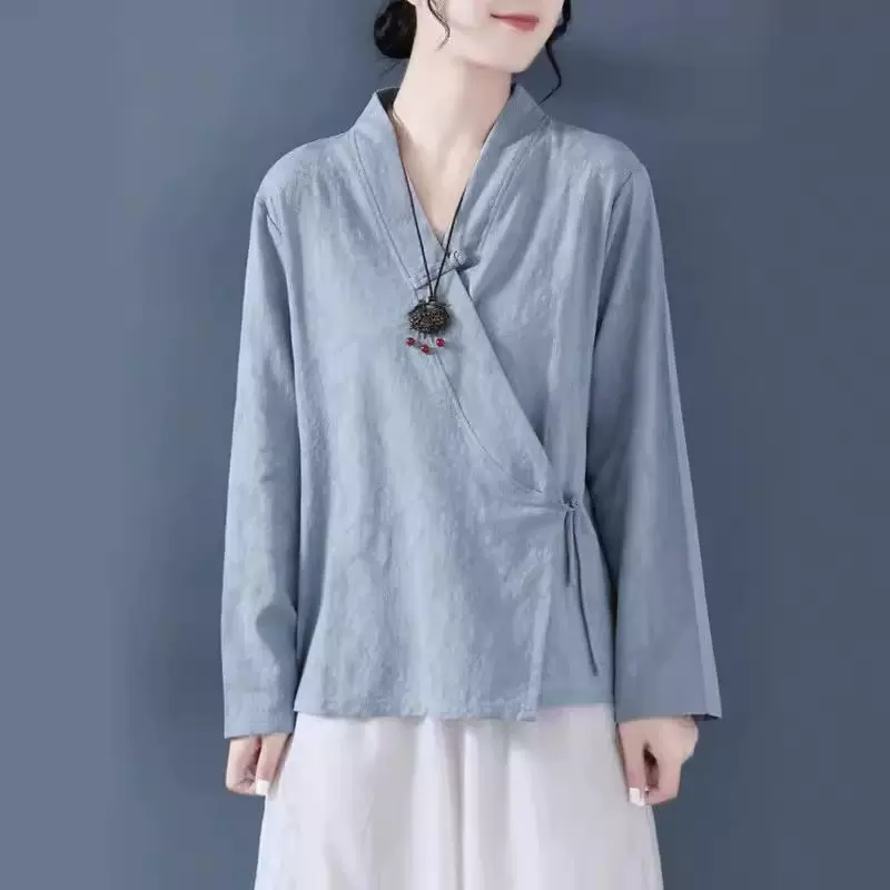 清仓捡漏~尾单剪标女亚麻盘扣上衣斜襟提花棉麻宽松显瘦长袖衬衫