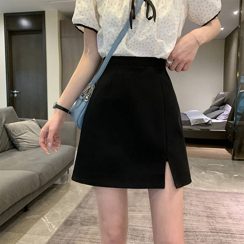 黑色a字短裙高腰显瘦遮胯半身裙女梨形身材短裙包臀裙开叉半|undefined
