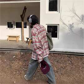 美式复古格子衬衫男春季情侣宽松百搭慵懒风长袖格纹衬衣外套潮流