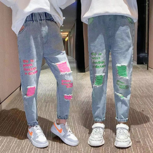 Girls' Denim Jeans 2024 Spring and Autumn New Korean Style Children's Stylish and Trendy Hole-punched Long Pants for Older Children Loose Pants