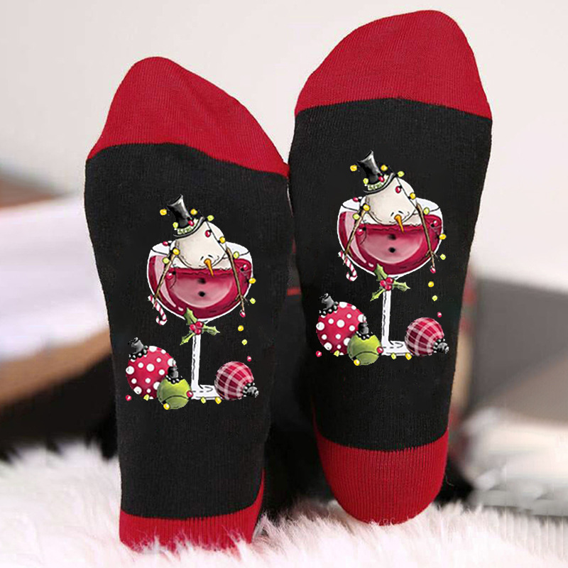 Calcetines de algodón transfronterizos de otoño e invierno para hombres y mujeres copa de vino tinto personalizada calcetines casuales de media pantorrilla ins medias transpirables a juego de colores de moda al por mayor